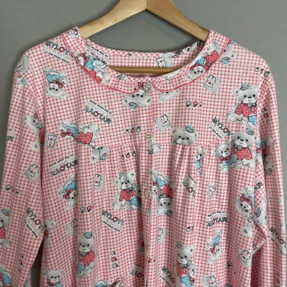 Nightgown Bears Gingham Pink White Twee Pockets Long Sleeves Women Sleep PJs - Picture 4 of 12